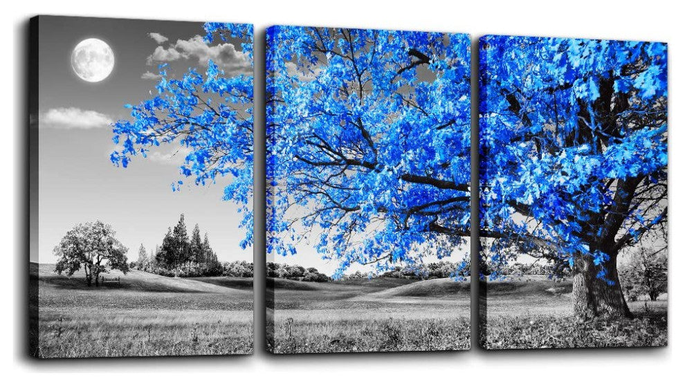 Wall Art For Living Room black and white Blue tree moon Canvas Wall Decor
