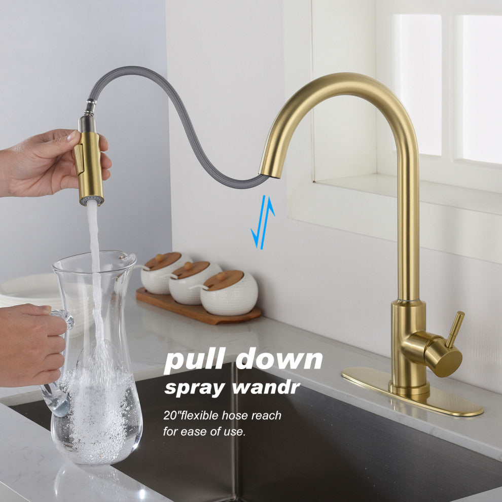 Wellfor Touch Kitchen Sink Faucet With Pull Down Sprayer, Single-Handle, Brushed Gold