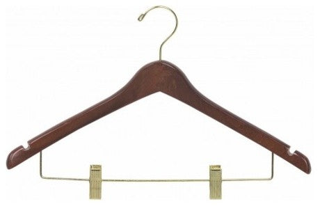 Wooden Curved Combo Hanger, Walnut/Brass Finish, Box of 50