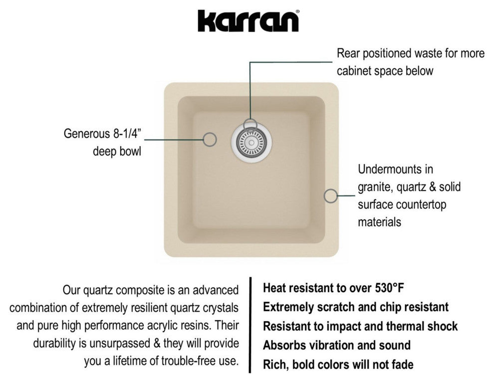 Karran Undermount Quartz Composite 17" Bar Single Bowl Sink, Bisque