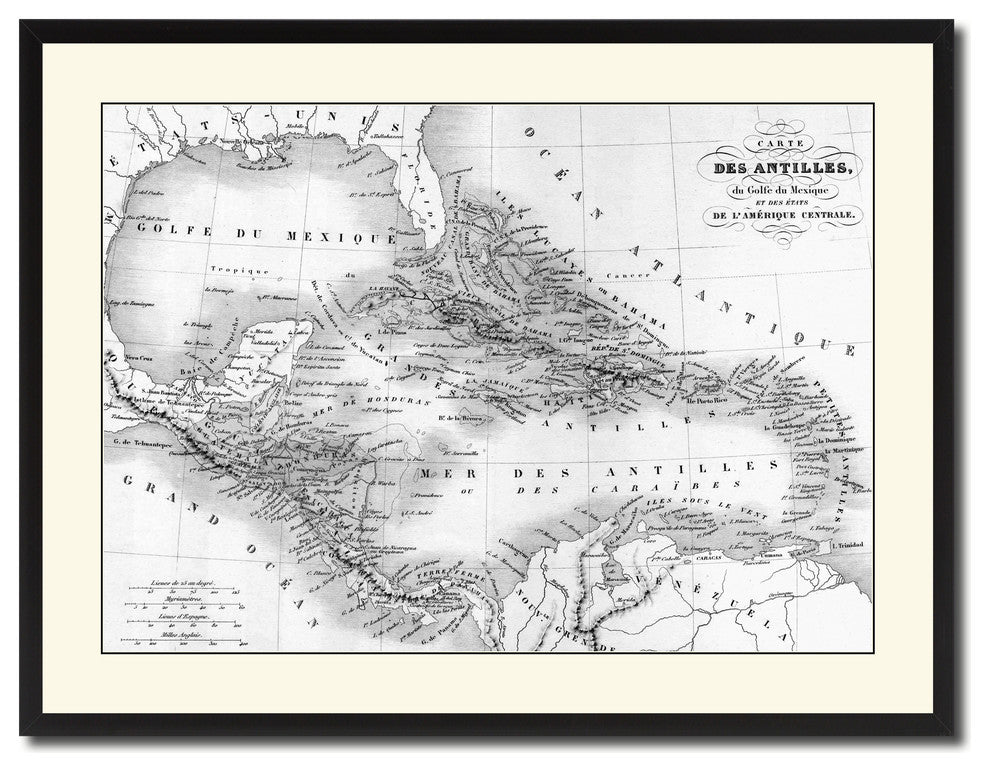 West Indies Caribbean Vintage B&W Map Canvas Print, 28"x37"