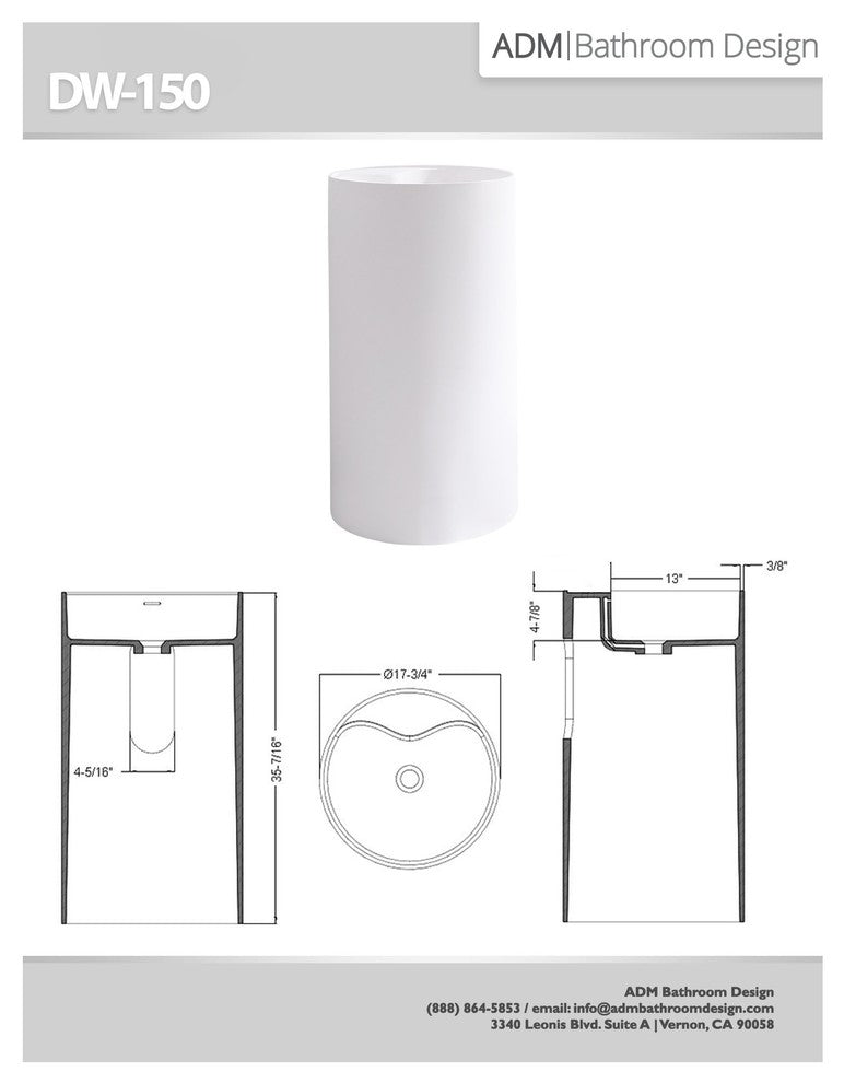 ADM Circular Freestanding Pedestal Sink, White, 18", Glossy White