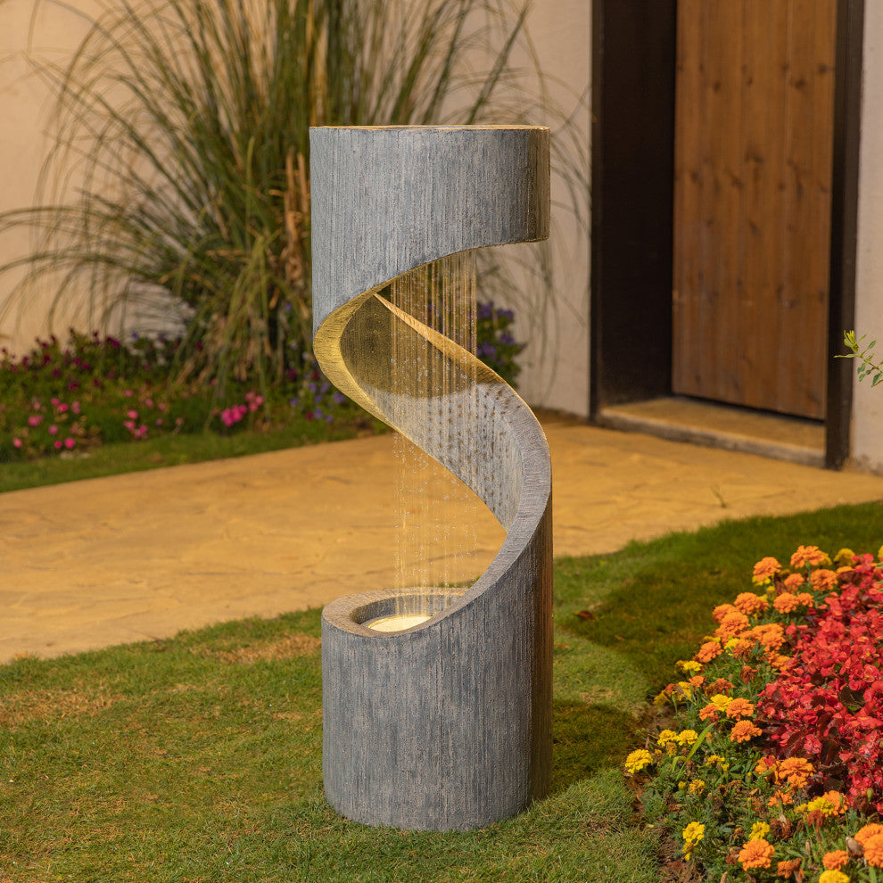 40"H Curving Shaped Outdoor Polyresin Gray Fountain With LED Light and Pump