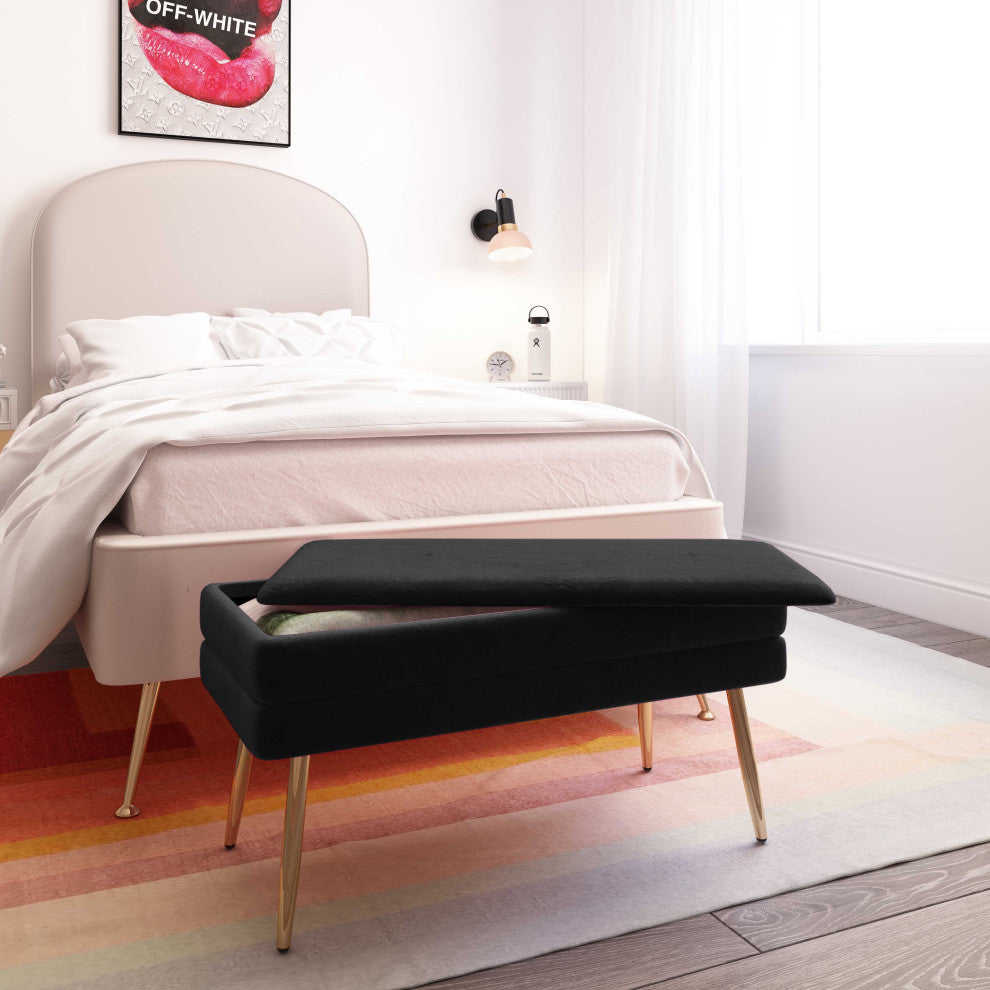 Ziva Velvet Storage Bench, Black