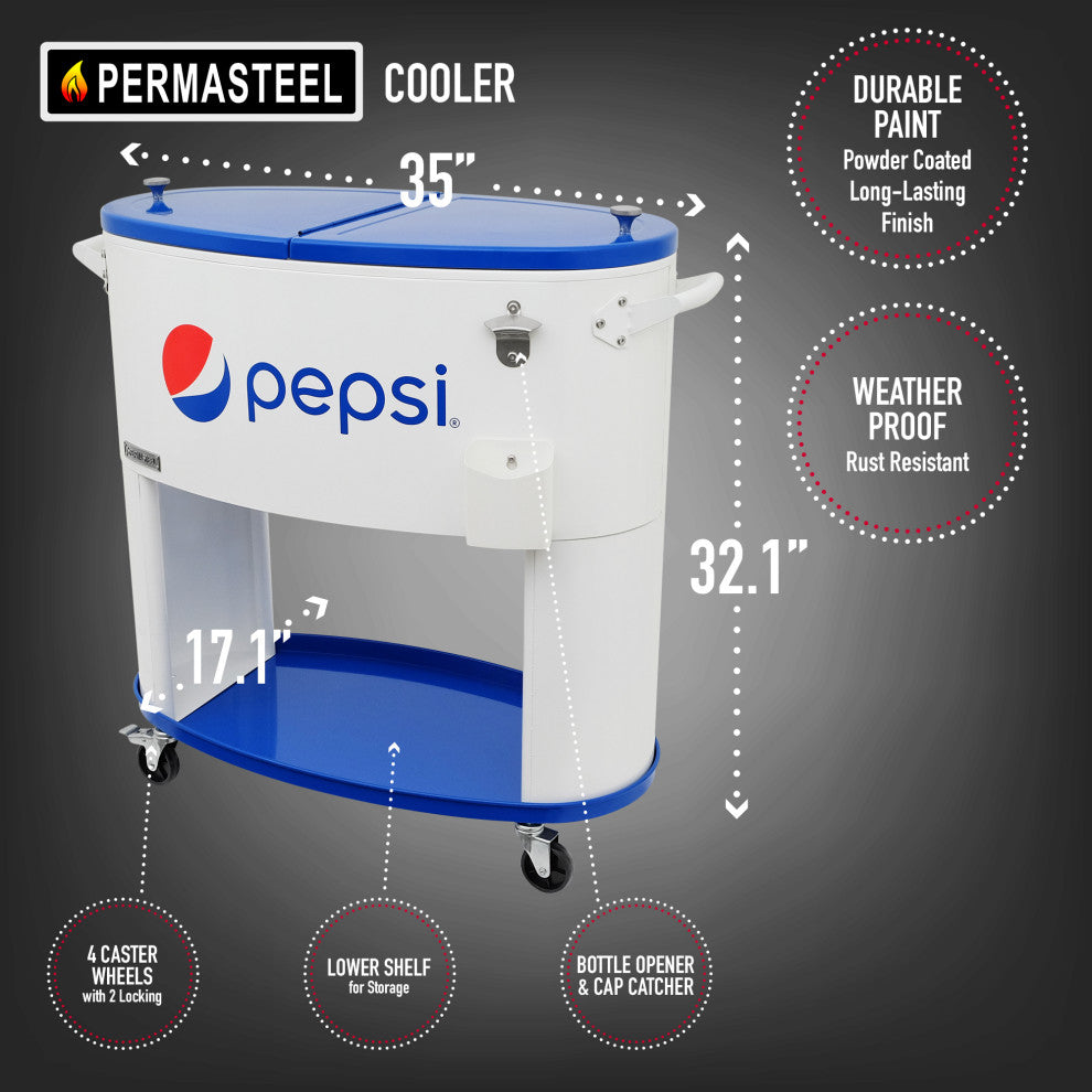 Permasteel 80 Quart Portable Rolling Oval Patio Cooler, White