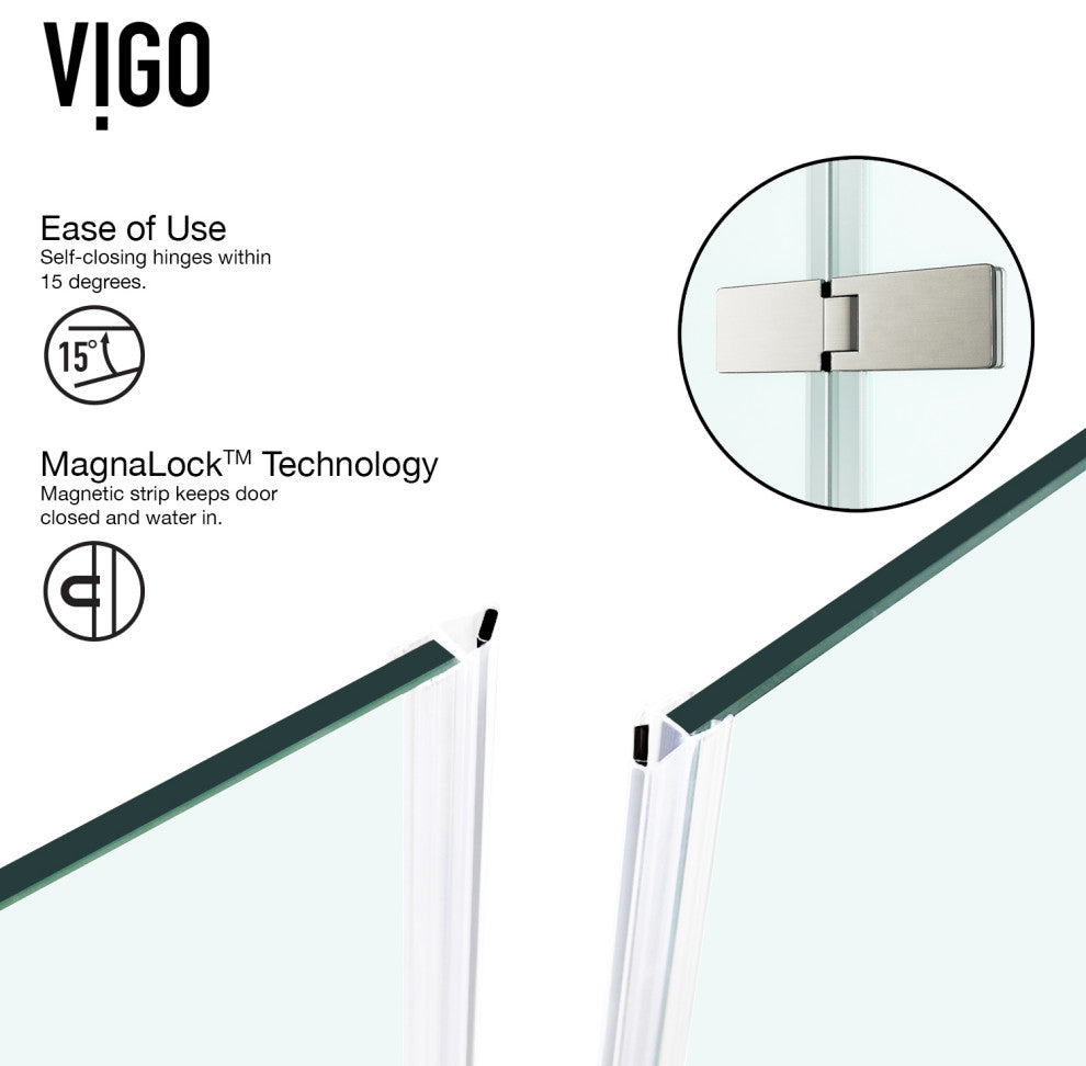 VIGO Monteray 32"D x 40"W x 79"H Frameless Hinged Shower Enclosure, Brushed Nickel, Left Base