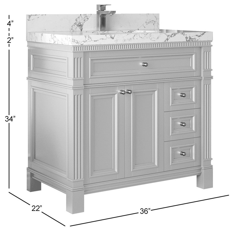 Paris 36" Center Sink Bathroom Vanity, Blue Heather 2" Calacatta Nuvo