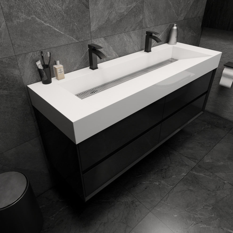 MAX 60" Double Floating Bath Vanity With Acrylic Sink, Gloss Black