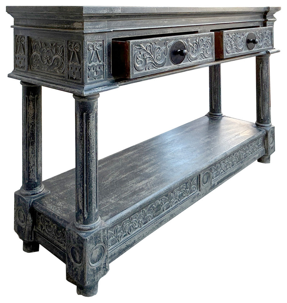 Distressed Black Gray Relief Floral Motif Tall Credenza Console Cabinet Hws4346
