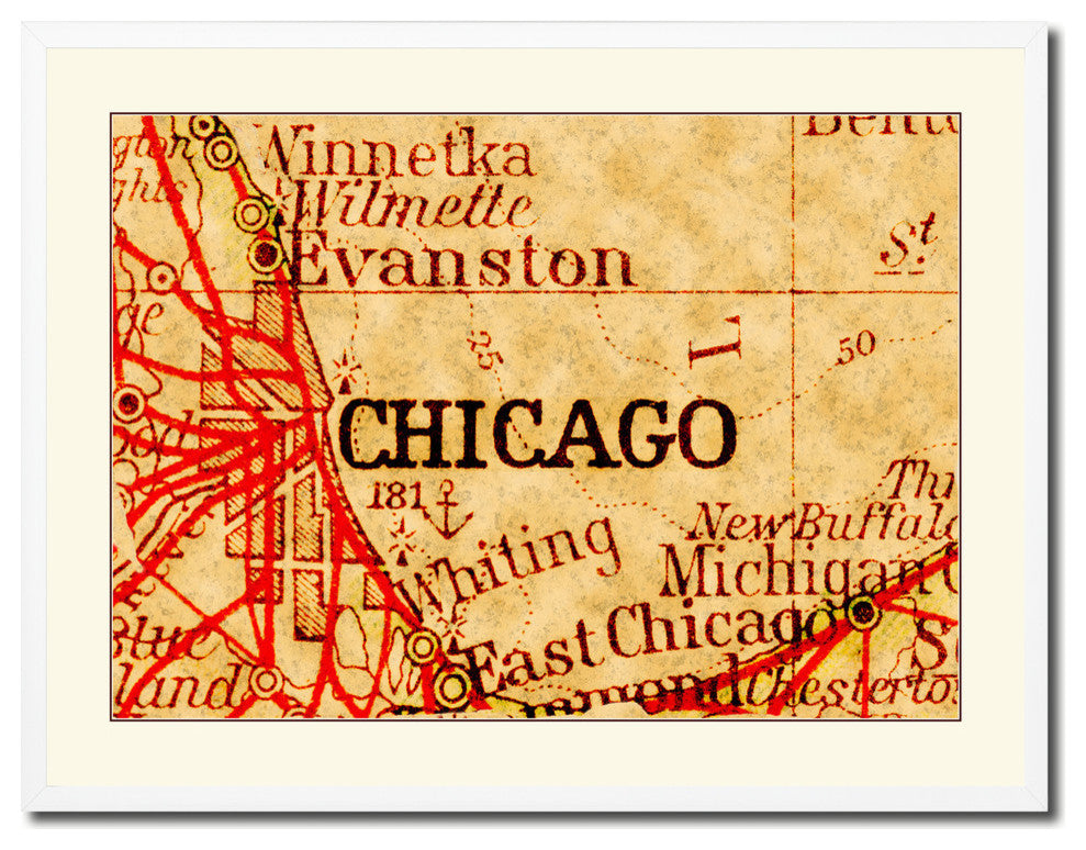 Chicago Illinois Vintage Old Map Print On Canvas With Picture Frame 28" X 37"