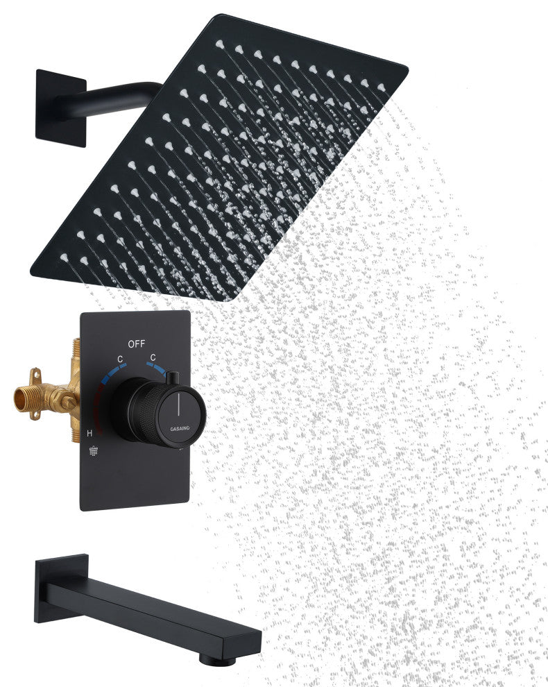 10inch Wall Mount Dual Function Rain Shower System with Tub Spout, Matte Black