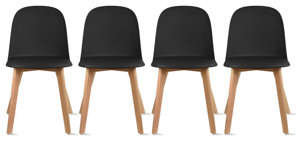 Set of 4 Modern Dining Side Chairs Molded Plastic With Round Back Wooden Legs, Black