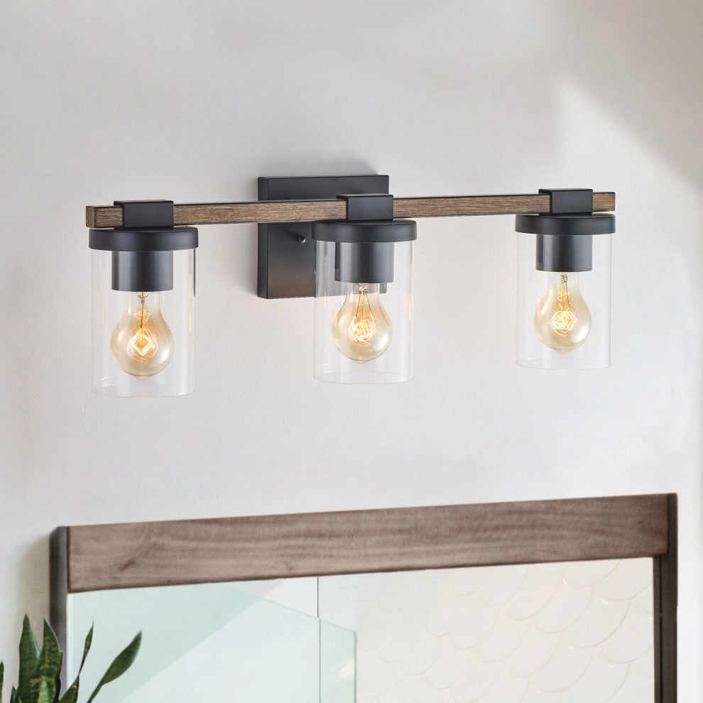 Farmhouse Black 3-Light Cylinder Clear Glass Vanity Light for Bathroom
