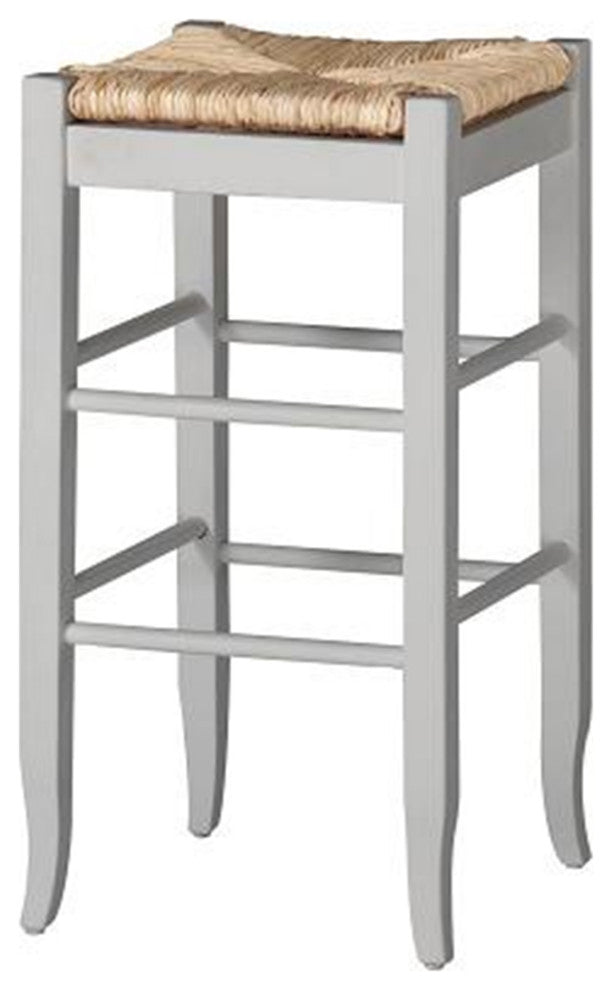 Benzara BM61434 Square Wooden Frame Barstool Hand Woven Rush, White & Brown