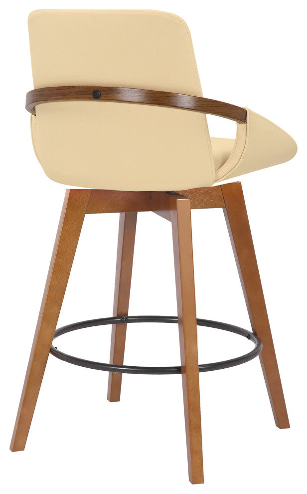 Baylor Swivel Wood Stool, Faux Leather, Cream/Walnut, 26" Counter Height