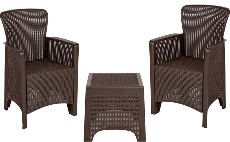 Faux Rattan Plastic Chair Set With Matching Side Table, Chocolate