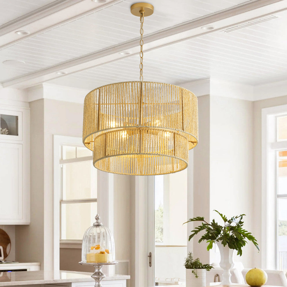 Farmhouse Gold 4-Light Paper Rope Craft Pendant Light