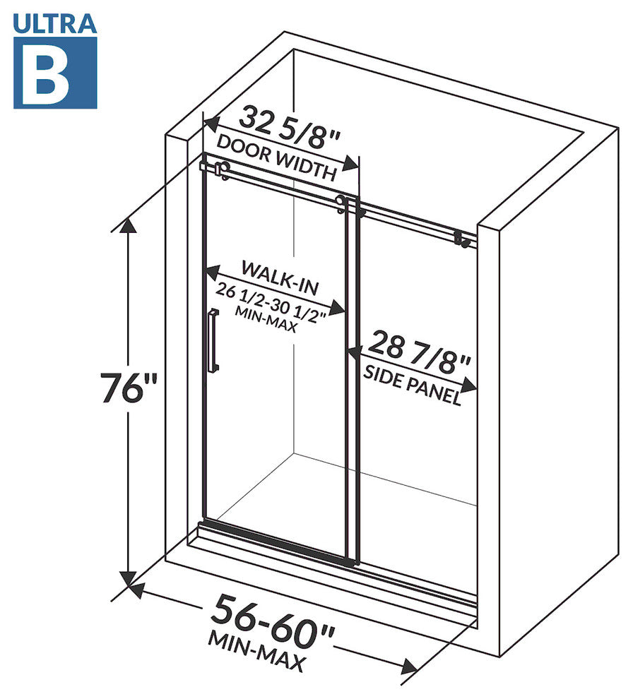 Shower Doors, Semi-Frameless, 8mm Clear Tempered Glass, ULTRA-B Collection, Chrome, 56-60"x76