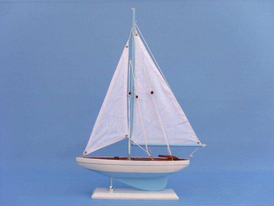 Pacific Sailer, Wood Sailing Boat Model, Blue Sails, 17", Light Blue and White