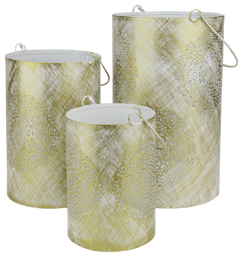 Set of 3 White and Gold Decorative Floral Cut-Out Pillar Candle Lanterns 10"