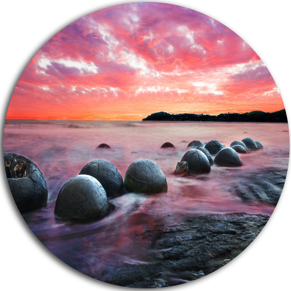 Moeraki Boulders At Sunset, Seashore Photo Round Metal Wall Art, 36"