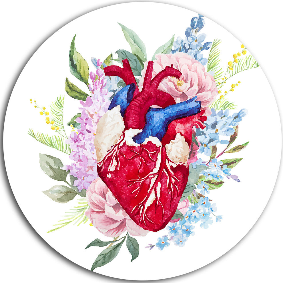 Watercolor Heart With Flowers, Digital Large Disc Metal Wall Art, 23"