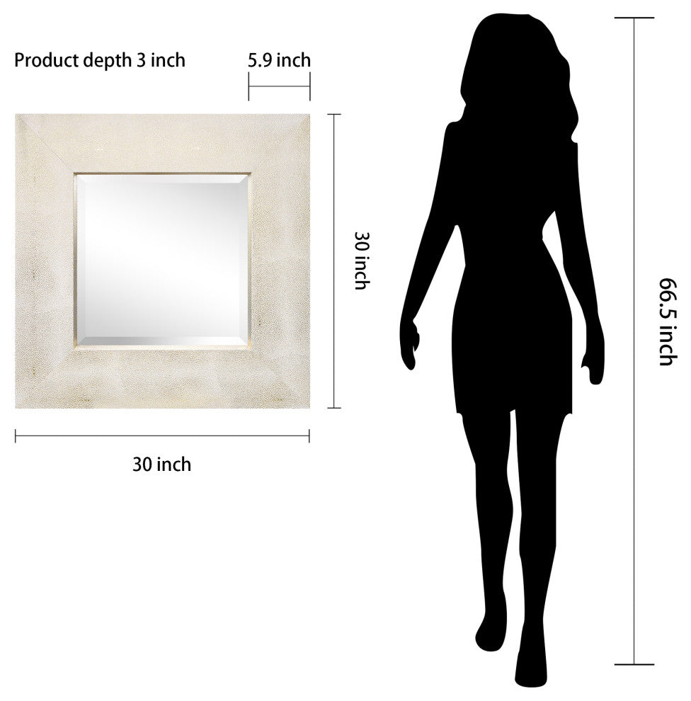 Beveled Wall Mirror, Gold on White Metallic Shagreen Leather Framed Mirror