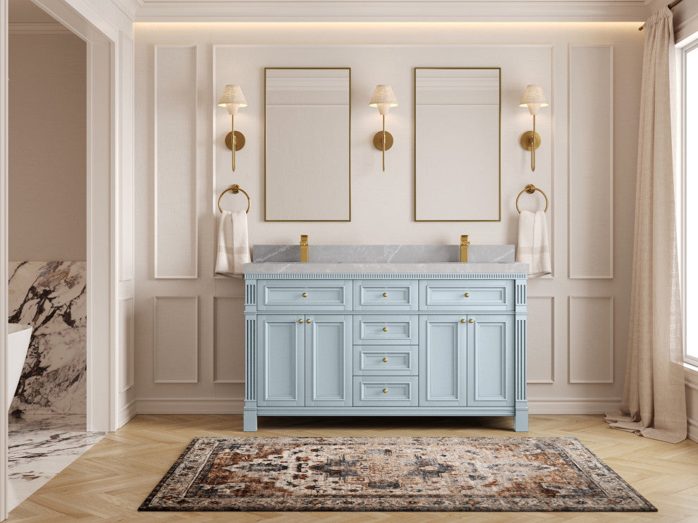 Paris 60" Double Sink Bathroom Vanity, Blue Heather 2" Pearl Gray