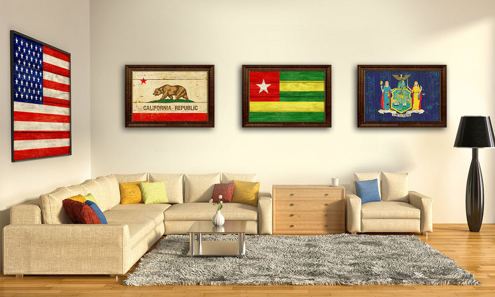 Togo Country Textured Flag Print With Brown Gold Frame, 19"X27"