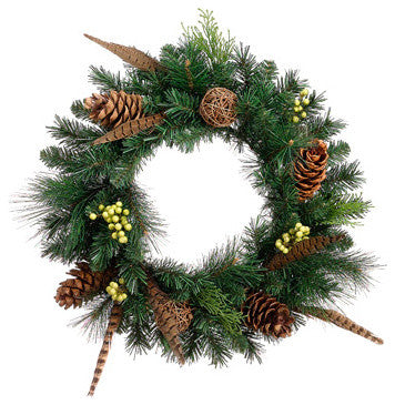 20" Pheasant Feather Artificial Christmas Wreath With Pine Cones, Unlit