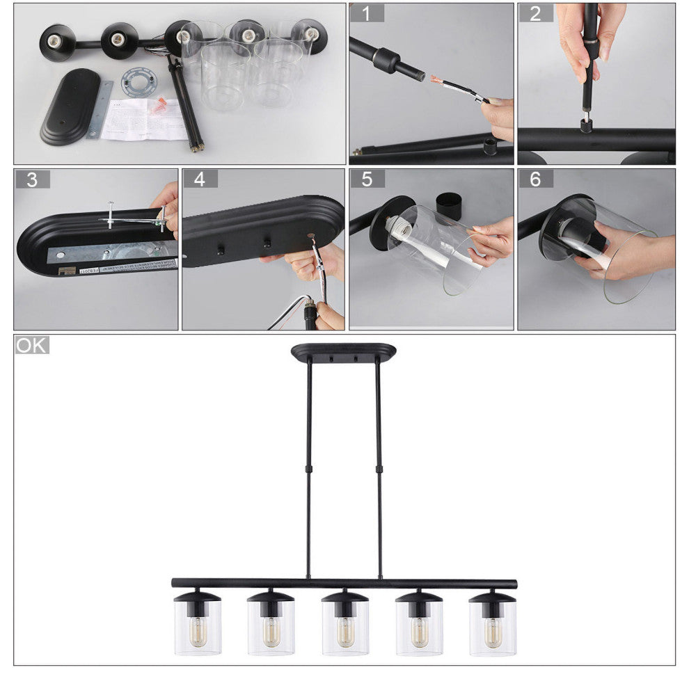 LNC 5-Light Industrial Matte Black and Linear Pendant Light for Kitchen Isalnd