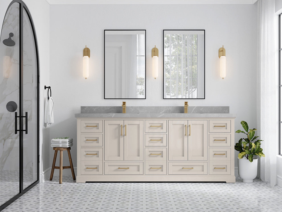 Boston 84" Double Sink Bath Vanity in Fine Grain 2" Pearl Gray