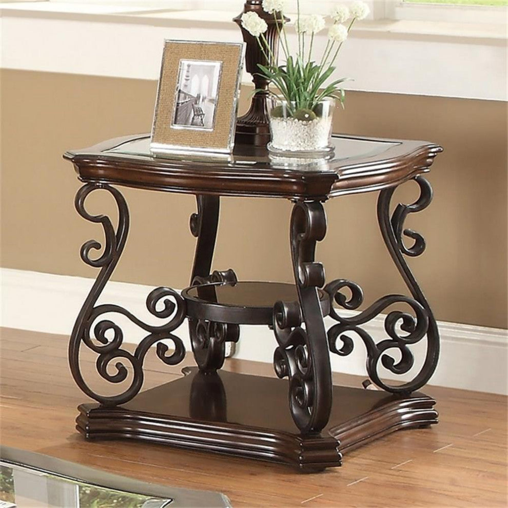 Bowery Hill Glass Top Accent End Table in Deep Merlot
