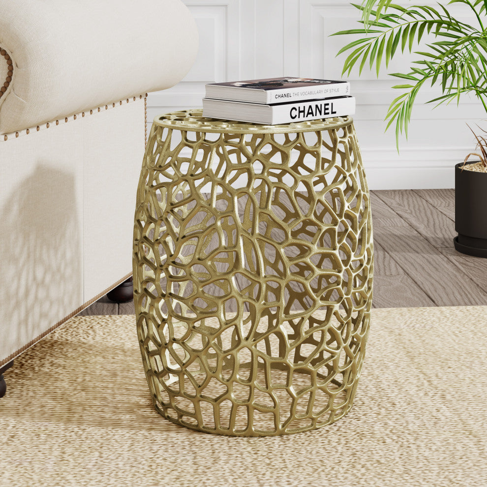 GDF Studio Aluminum Mesh Design Drum End Table, Gold