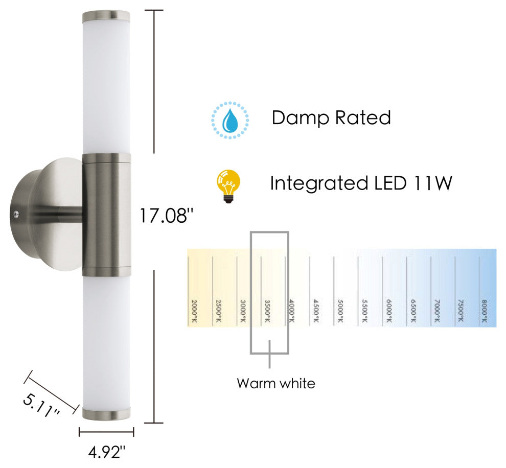 1x11W LED Vanity Wall Light, Satin Nickel Finish and Opal Glass