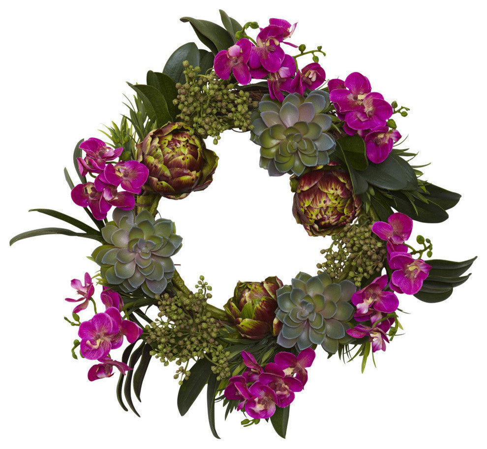 20" Orchid, Artichoke and Succulent Wreath, Purple