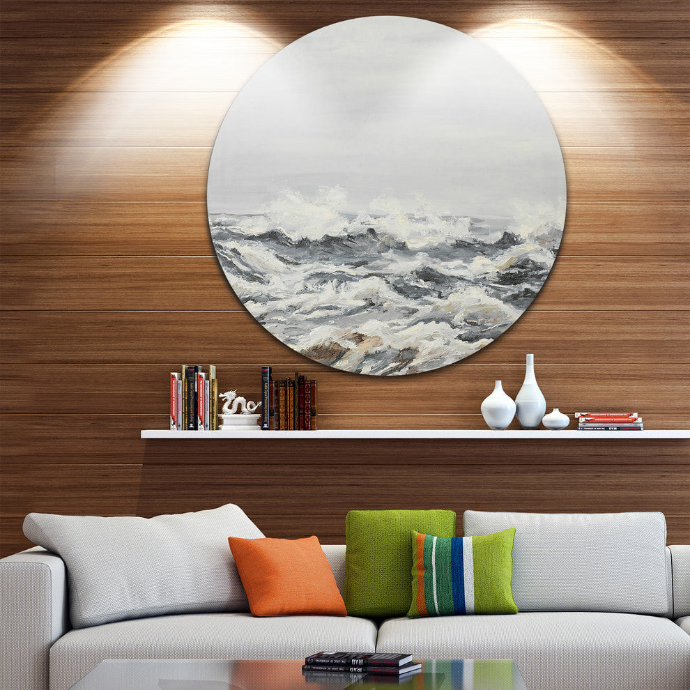 Grey Sea Waves, Seascape Painting Disc Metal Wall Art, 11"