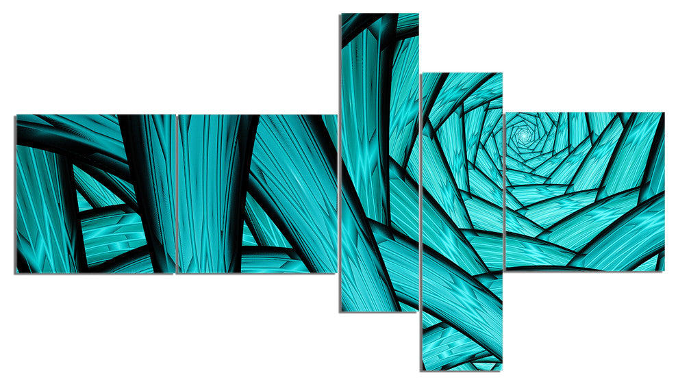 Turquoise Fractal Endless Tunnel, Abstract Canvas Art Print, 60"x32", 5 panels