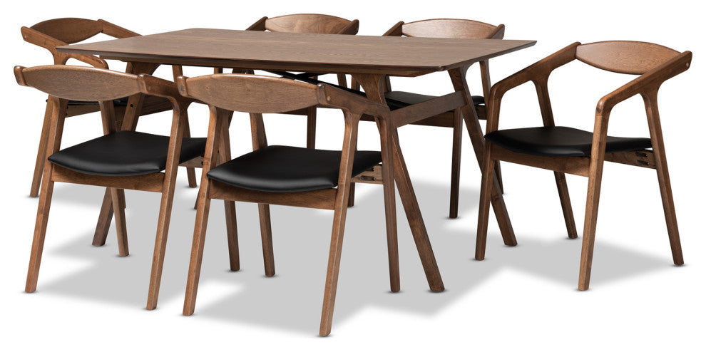 Ysobel Midcentury Modern Walnut Effect 7-Piece Dining Set- Black