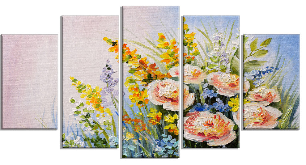 Abstract Bouquet of Summer Flowers, Flower Artwork on Canvas, 60"x32", 5 Panels