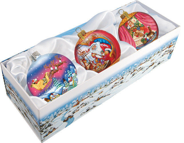 Hand Painted Scenic Glass Ornament Santa Set of 3