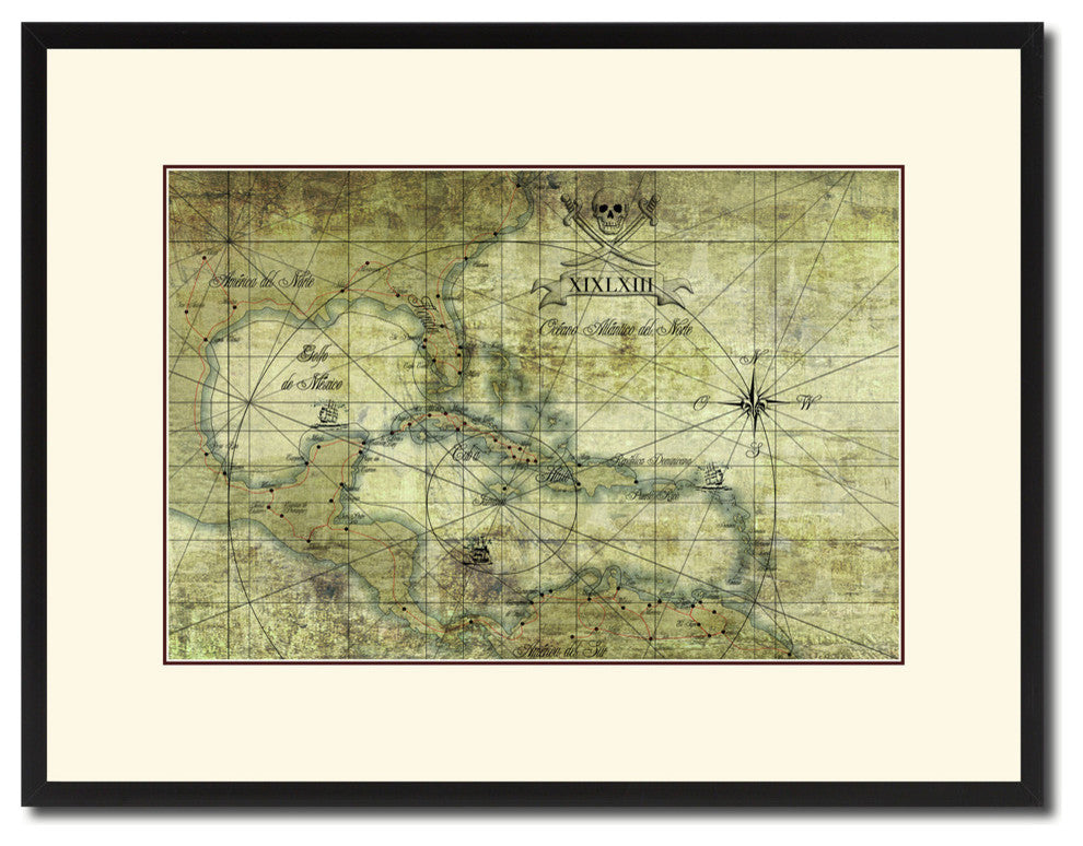 Caribbean Vintage Map Print On Canvas With Picture Frame 16" X 21"