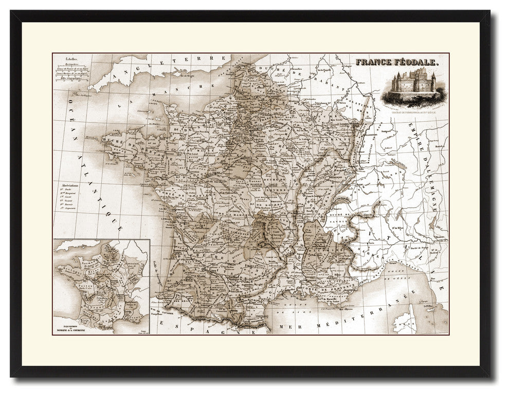 Medieval France Crusades Vintage Sepia Map Canvas Print, 28"x37"