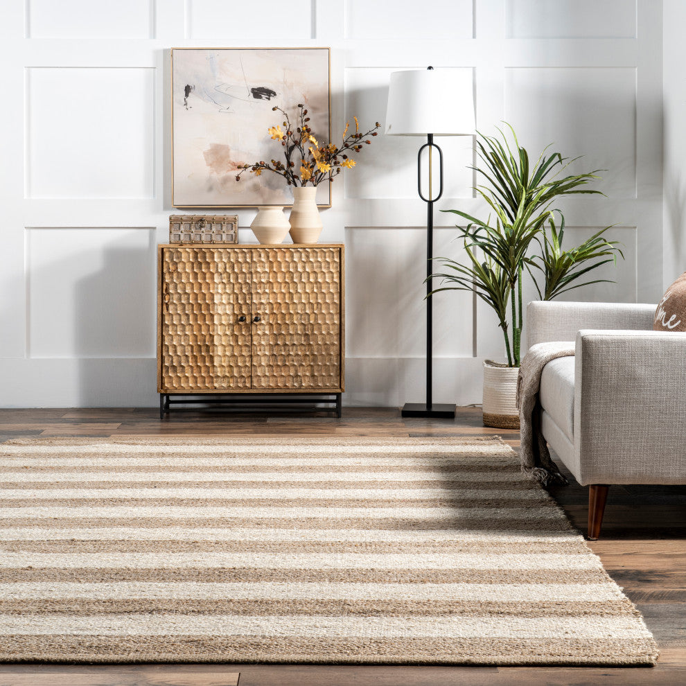 Nuloom Jute and Denim Even Stripes Area Rug, Off White 7'6"x9'6"