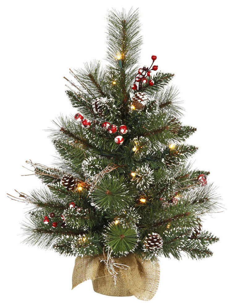 Vickerman Snow Tipped Pine and Berry Tree in Burlap Base With Clear Lights, 24"