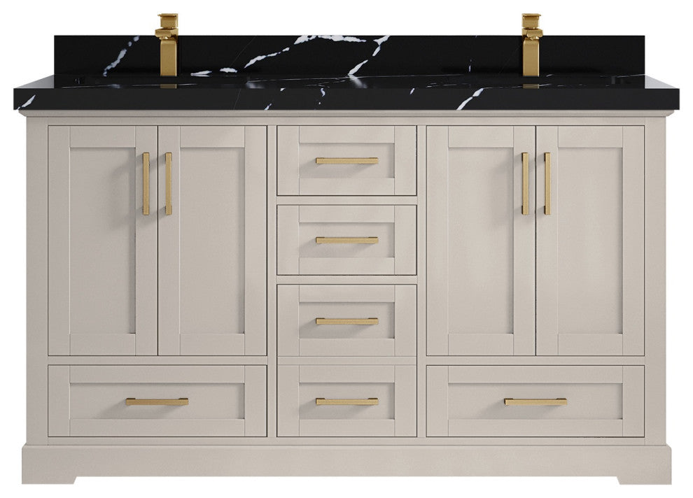 Boston 60" Double Bathroom Vanity in Fine Grain 2" Calacatta Black