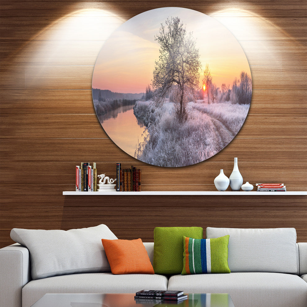 Winter Sunrise Over Frosty Field, Landscape Disc Metal Wall Art, 11"
