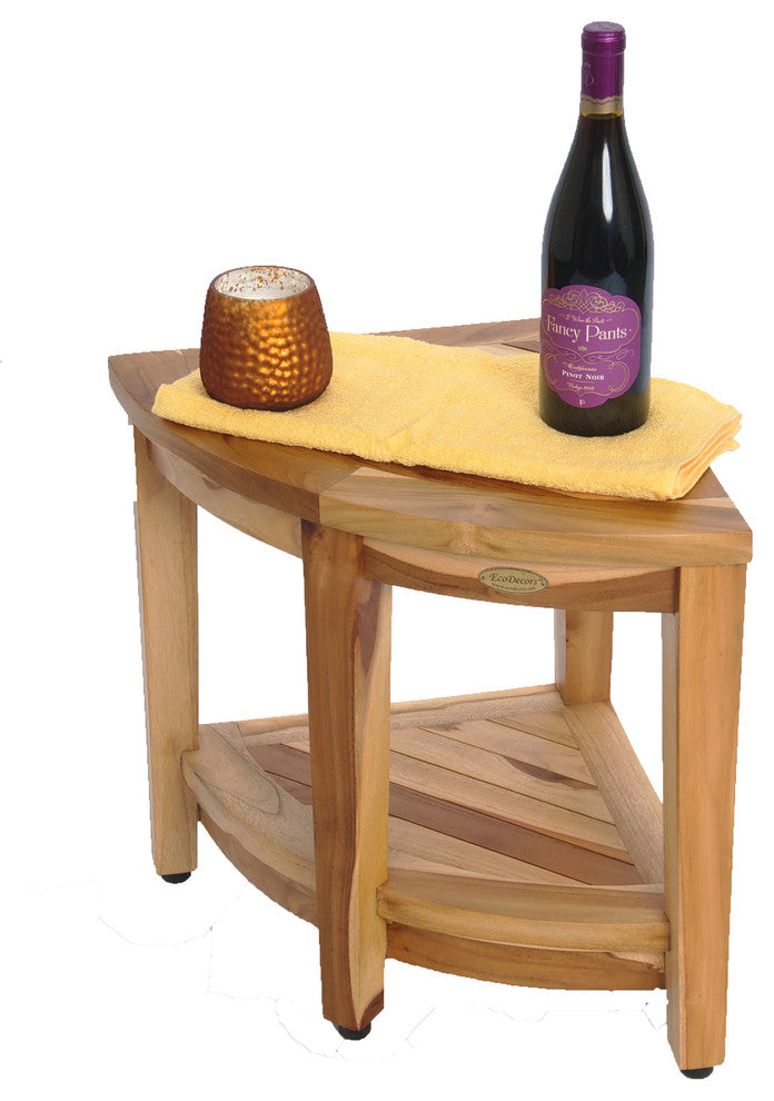 Ecodecors Earthyteak Corner Teak Shower Stool, 16"x16"x18", With Shelf