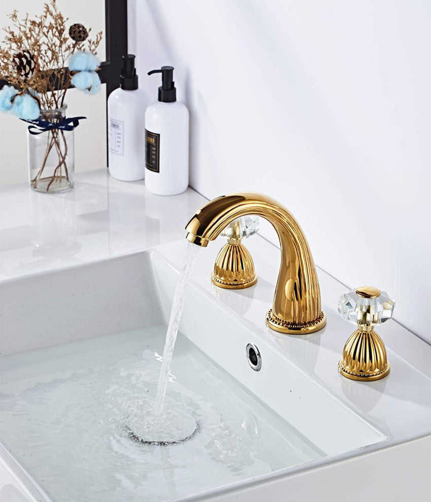 Lyon Widespread bathroom Sink Faucet Crystal Handles Mixer Gold