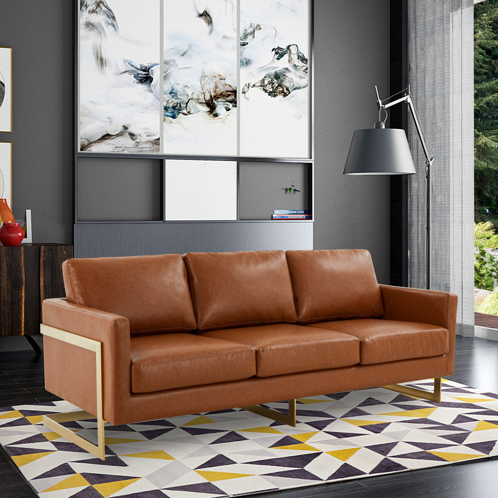 LeisureMod Lincoln Modern Leather Sofa With Gold Frame, Cognac Tan